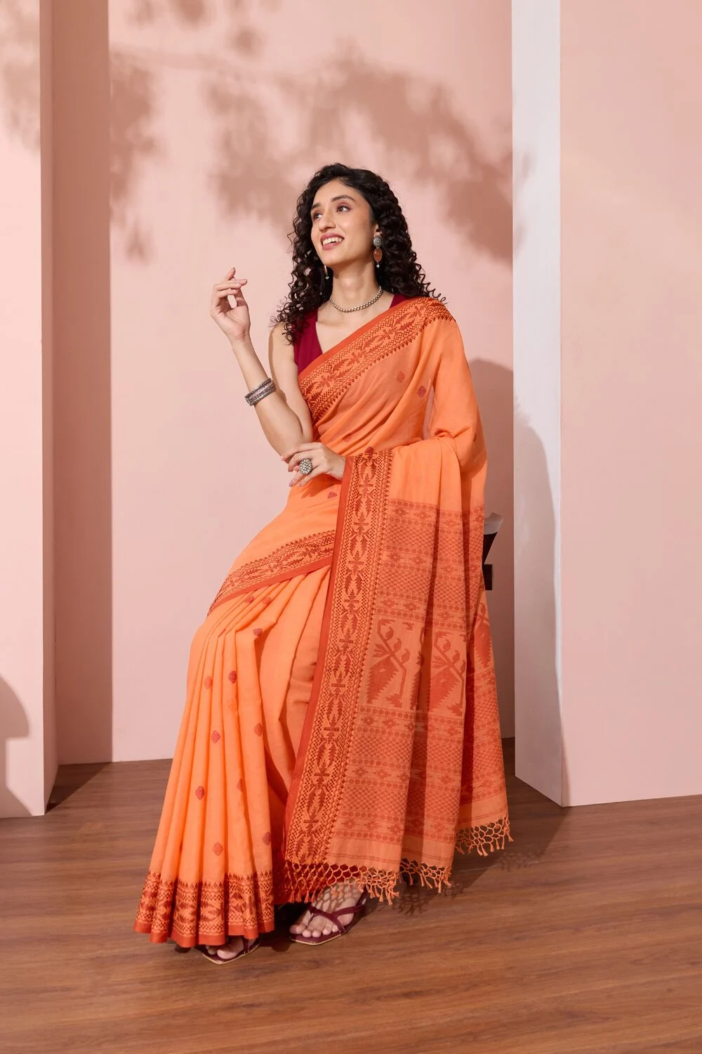 Light Orange Bengal Pure Cotton Jamdani Saree with Unstitched Blouse Piece